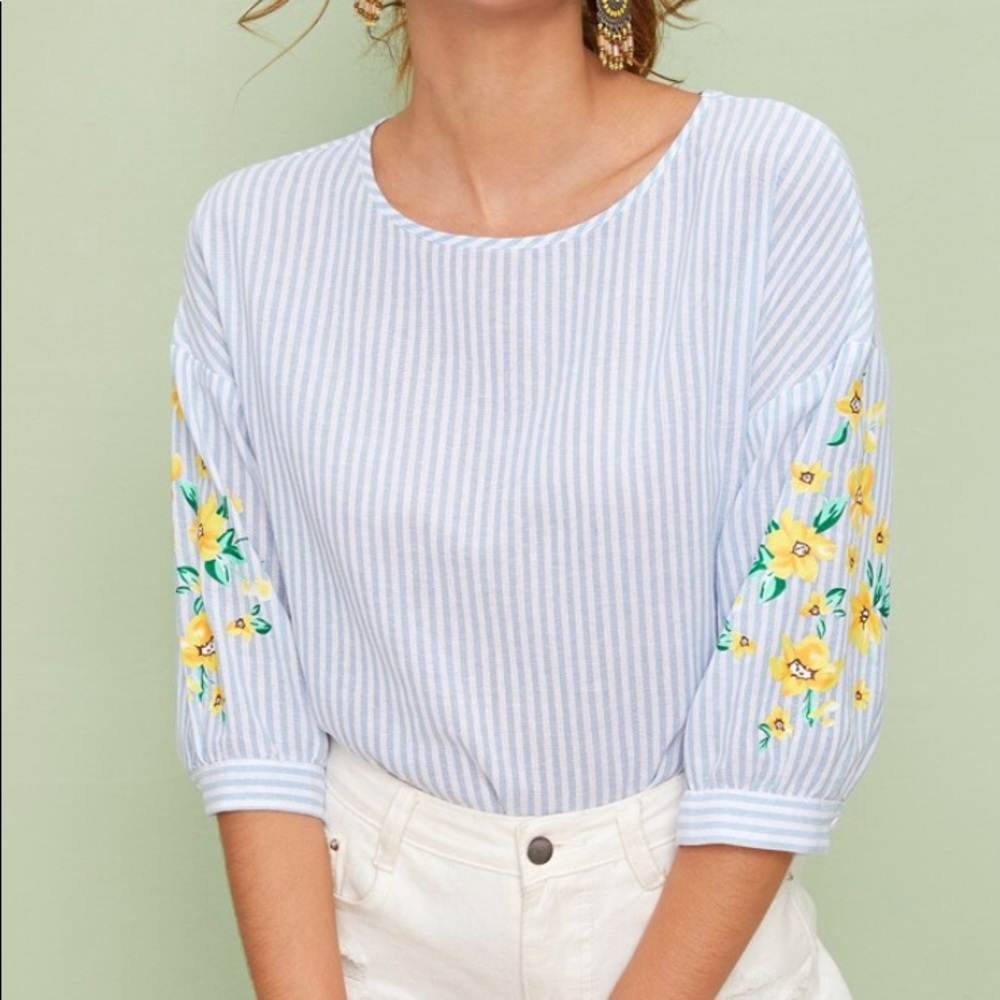 SHEIN Drop Shoulder Floral Print Striped Top